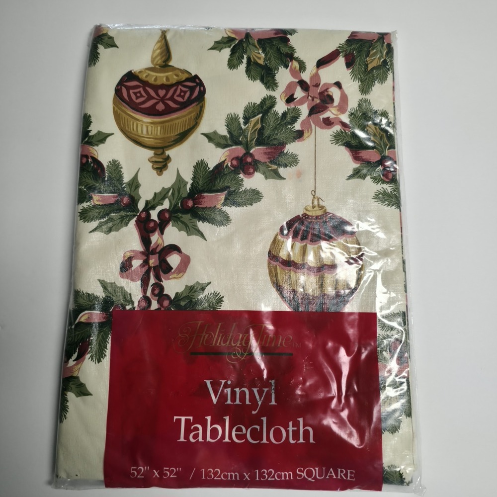 Holiday Time Christmas Vinyl Tablecloth 52 x 52 Square Ornaments Holly